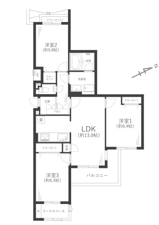 【間取り】 | ◇◆本厚木リバーサイドマンション参番館◆◇ | 【3LDK】LDK13帖/洋室6.4帖・6.3帖・5.8帖/ワークスペース