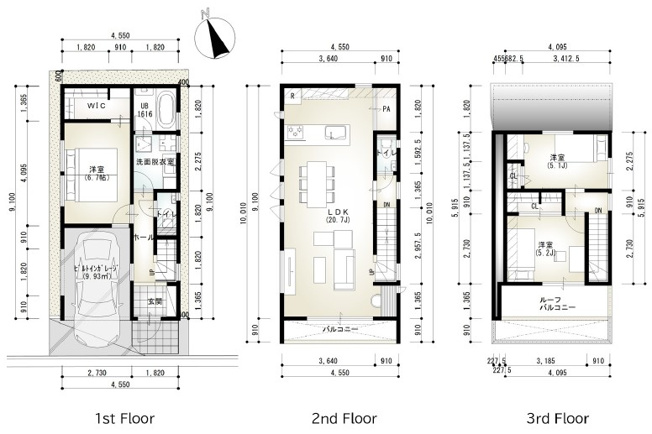 【土地図＋建物プラン例】 | 目黒区上目黒5丁目 | 建物参考プラン（建物面積約107.01㎡の3階建3LDK+P。建物参考価格3500万円。）