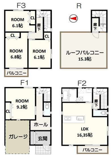 【間取り】 | 八尾市上之島町南5丁目 | 【全洋室6帖以上♪2階に水廻り設備集約、家事の効率UP♪浴室乾燥機完備☆屋上ルーフバルコニー付きです☆】