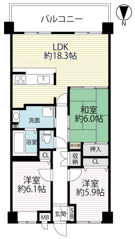 ◆２０２５年６月リフォーム完了◆リビング広々１８帖の３ＬＤＫ◆全居室収納付き◆ルネス・ピース醍醐の間取り