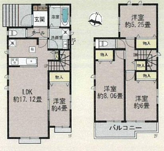 【間取り】 | 厚木市鳶尾1丁目  A号棟 | 都市ガス　LDK17帖+洋室4帖　リビング階段　二部屋から行き来できる南向きバルコニー