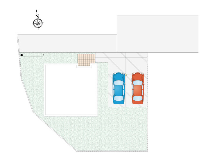 【区画図】並列２台駐車可能です。南庭も家庭菜園やガーデニングなどもお楽しみいただけます。