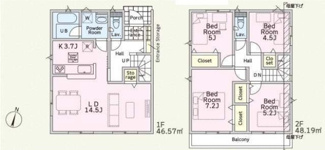 【間取り】 | 海老名市国分寺台2丁目  2号棟 第15 | 二部屋から行き来できる南向きバルコニー　防犯カメラ（利用時Wifi接続必要）　ピッキング対策付玄関ドア　浴室乾燥機+窓　全居室収納
