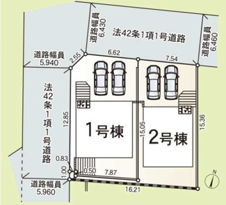 【区画図】 | 海老名市国分寺台2丁目  2号棟 第15 | 2号棟　北側約6.4ｍ公道　駐車並列2台（車種によります）　※敷地面積に帯状部分面積約5㎡を含む