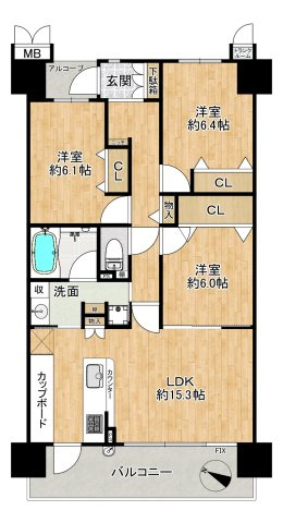 リバーガーデンかしまの間取り|◆専有面積：79.72㎡、3LDK、LDK約15.3帖！