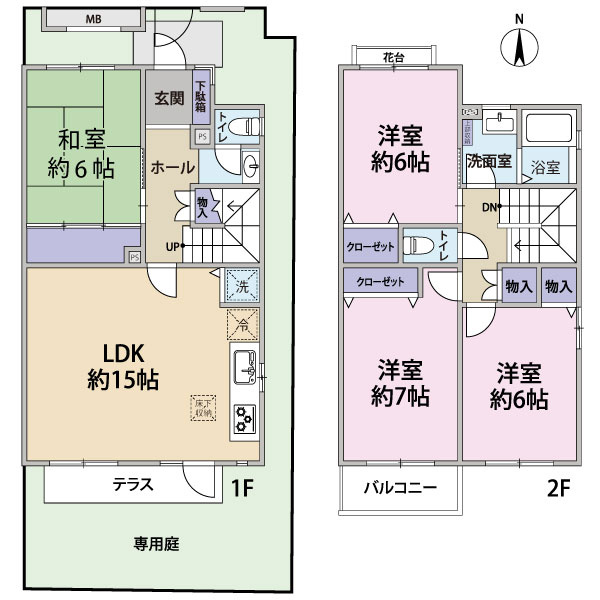 4LDKの間取り。LDK約15帖、各居室は6帖以上です。