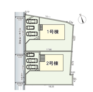 【区画図】 | 南アルプス市在家塚 新築全2棟 1号棟 カースペース並列3台 | 1号棟区画図　車3台並列駐車可能　接道：西4.0ｍ公道