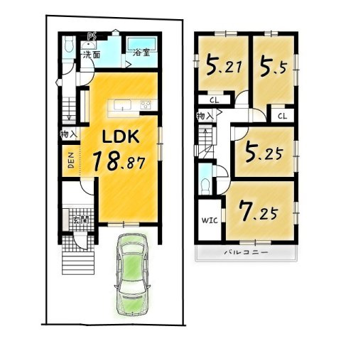 日野西大道町　２号地の間取り|リビング１８帖の４LDKのおうち♪リビングで家族団らんの時間はもちろん、プライベートの時間もしっかり確保できます！洗面室がゆったり設けられている為、朝の混雑時も同時に支度ができそう♪