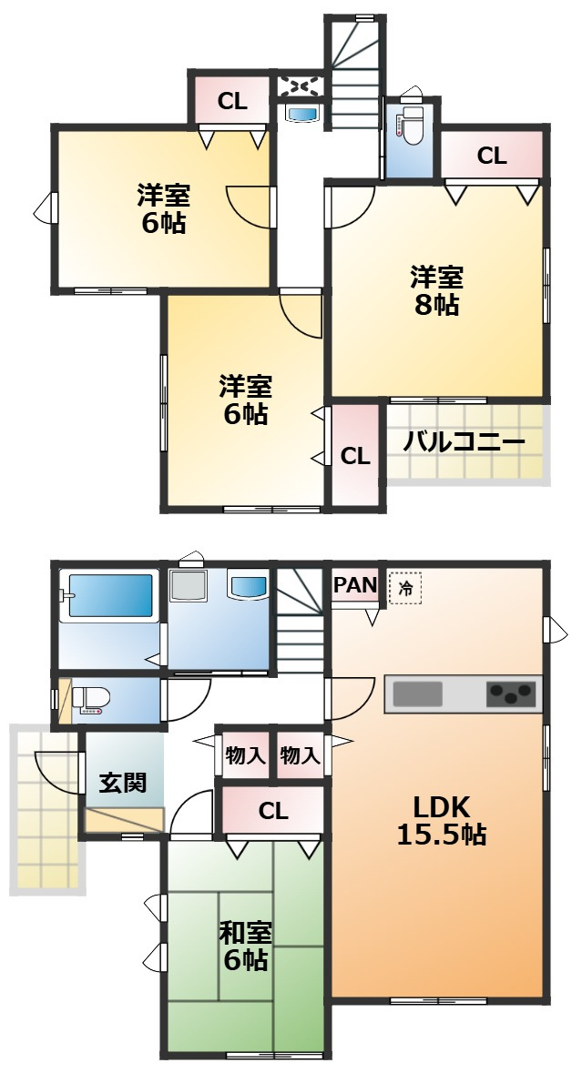 いろどりアイタウン栃木市平柳町3丁目22-P2の間取り|全室南向きで陽当たりの良い間取りです