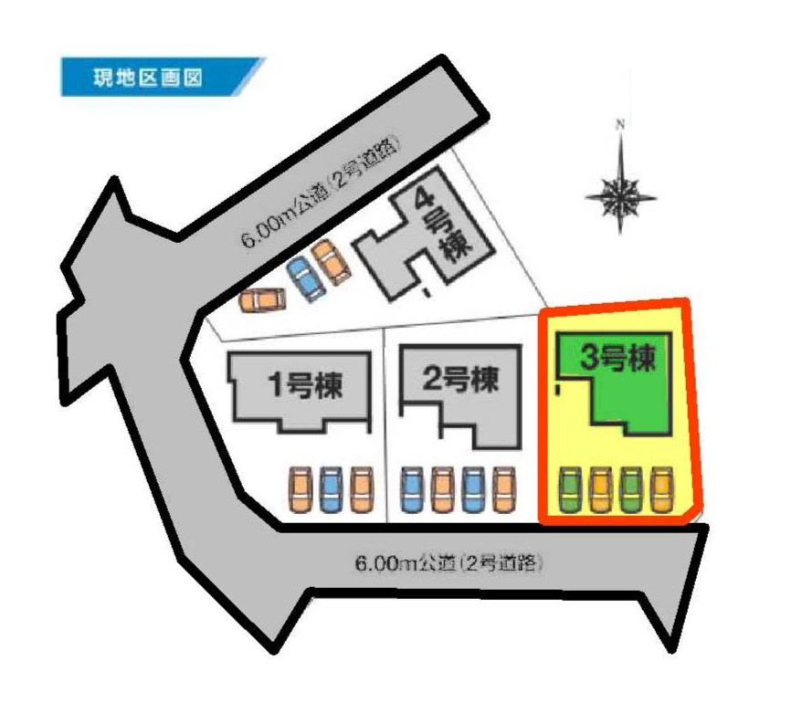 新築　前橋市富士見町時沢第4　3号棟の区画図|3号棟　区画図　南西側接道幅員約6ｍ

