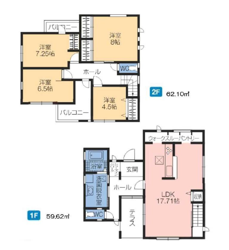 新築　前橋市富士見町時沢第4　4号棟の間取り|建物面積121.72㎡　広々17.7帖のLDK！ウォークスルーパントリー・シューズインクローク・各部屋収納付き！日当たりの良いバルコニーはお洗濯物もよく乾きそうです◎
						
