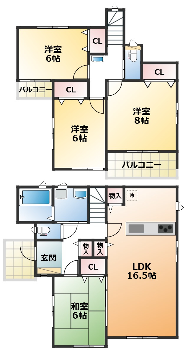 いろどりアイタウン栃木市平柳町3丁目22-P2の間取り|全室南向きで陽当たりの良い間取りです