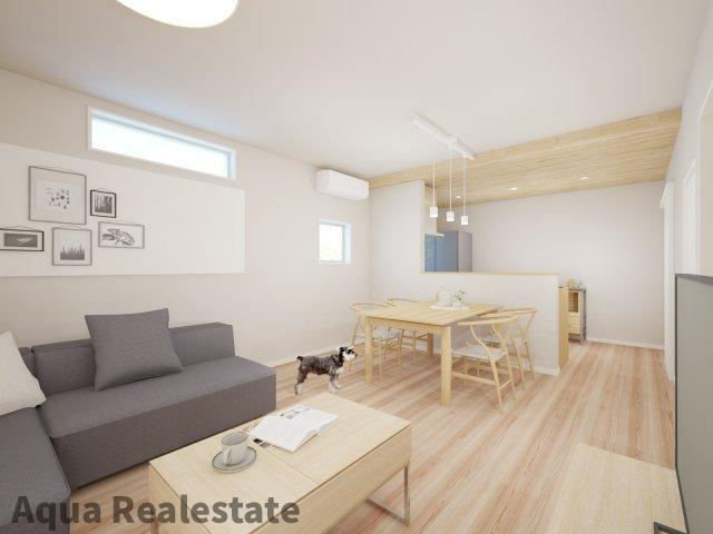 高松市木太町の新築一戸建の居間・リビング|こちらのリビングで趣味の時間をお楽しみください