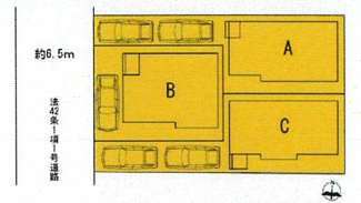 【区画図】 | 茅ヶ崎市柳島1丁目  B号棟 | Ｂ号棟　西側約6.5ｍ公道　駐車1台（車種によります）