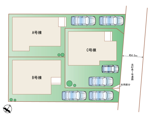 桶川上日出谷1269番全3棟　A号棟の区画図|カースペース2台駐車可能です。建物が道路から離れているので、小さいお子様が玄関先で遊んでいても、飛び出しなどのトラブルを避けられます◎車の通行の騒音も気にならないので、穏やかな暮らしが叶います◎