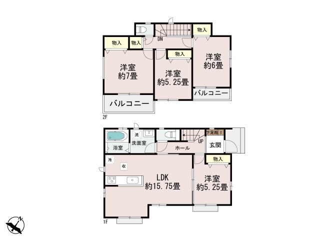 桶川上日出谷1269番全3棟　A号棟の間取り|水回りはすべて1階にあり、洋室も1階に1部屋ありますので、将来的には1階で完結するライフスタイルを送ることが出来ます。水回りに窓が多いのも戸建てならではの魅力です。
