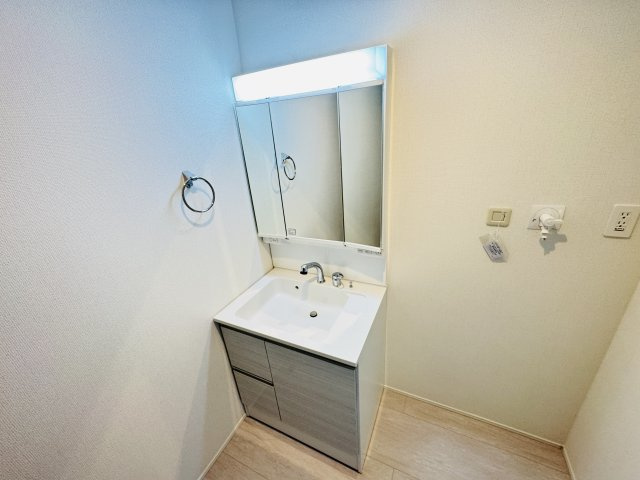 【独立洗面台】 | 松戸市古ケ崎３丁目新築戸建【古ヶ崎小学校：10分】 | シャワーヘッド付き三面鏡洗面化粧台