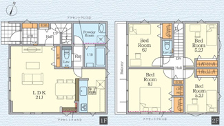 【間取り】 | 茅ヶ崎市柳島1丁目  2号棟 2期 | 都市ガス　網戸標準仕様　LDK21帖　メイン洋室8帖　二部屋から行き来できるバルコニー