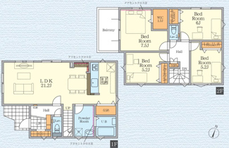 【間取り】 | 茅ヶ崎市柳島1丁目  1号棟 2期 | 都市ガス　網戸標準仕様　LDK21.2帖　リビング階段　SIC　WIC