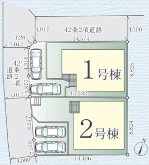 【区画図】 | 茅ヶ崎市柳島1丁目  1号棟 2期 | 1号棟　角地　北側・西側約4ｍ各公道　駐車2台（車種によります）