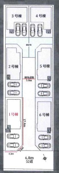 豊田市細谷町1期　全6棟・1号棟の区画図|1号棟です。