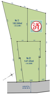 【土地図】 | 【仲介手数料無料！！】日野市南平6丁目　建築条件なし売地（全3区画）No.2区画　3800万円 | NO.1　土地面積182.66㎡（55.25坪）