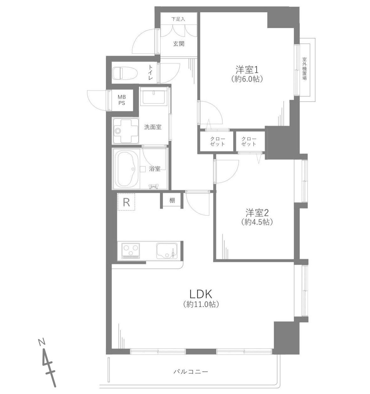 アークステージ北池袋の間取り|専有面積56.06㎡の2LDK 南向き角住戸につき、陽当たり・通風良好です