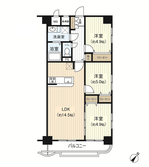 【間取り】 | コープ野村梅田Ａ棟 | 全居室に窓の有る３LDK♪