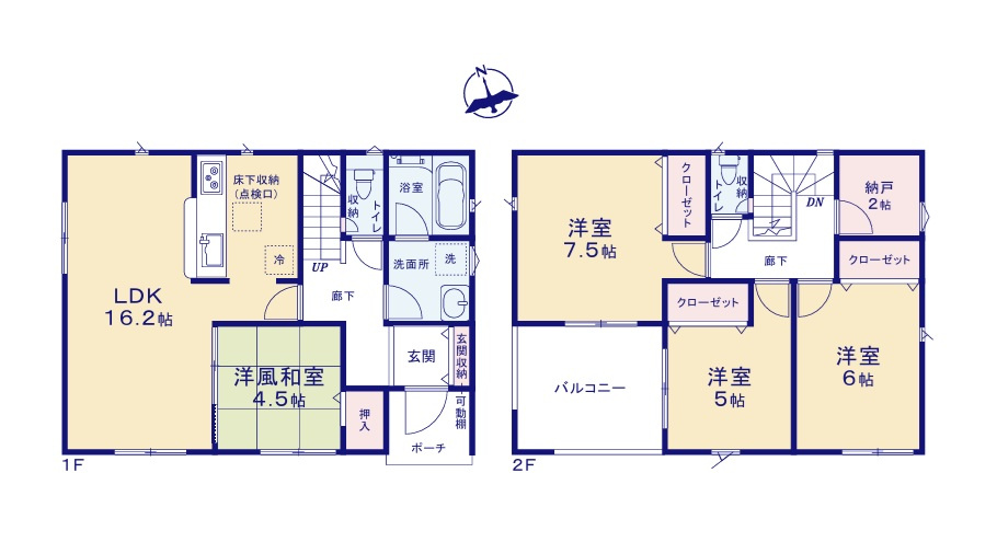 Cradlegarden　 北茨城市大津町北町　第12　3の間取り|　
☆全居室に大容量の収納スペース付き。２階納戸は趣味の部屋やテレワークにもおすすめ。全室明るい南向きのお部屋、和室はお昼寝コーナーにも◎家族みんなが寛げます。