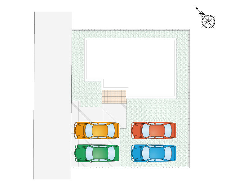 【1号棟：区画図・駐車場配置図】合計4台駐車可能です！周辺道路は交通量が少ない為、お子様のいらっしゃるご家庭でも安心です。