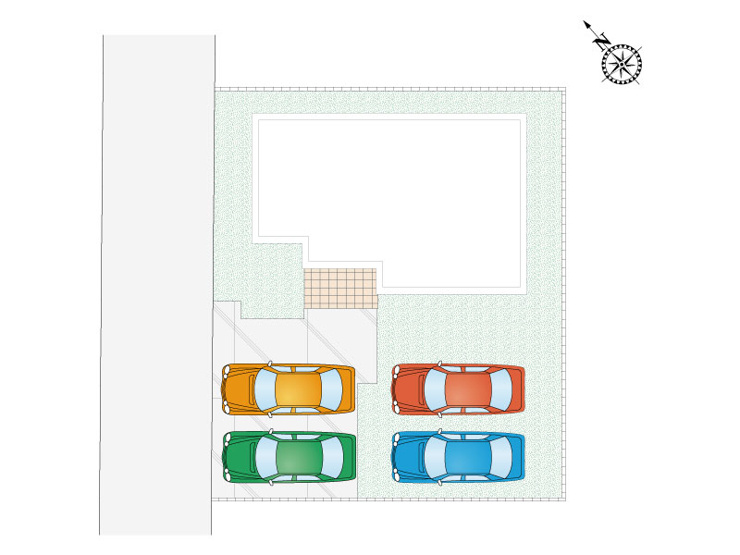 【1号棟：区画図・駐車場配置図】合計4台駐車可能です！周辺道路は交通量が少ない為、お子様のいらっしゃるご家庭でも安心です。