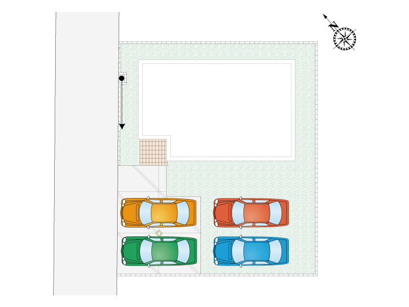 【2号棟：区画図・駐車場配置図】合計4台駐車可能です！周辺道路は交通量が少ない為、お子様のいらっしゃるご家庭でも安心です。