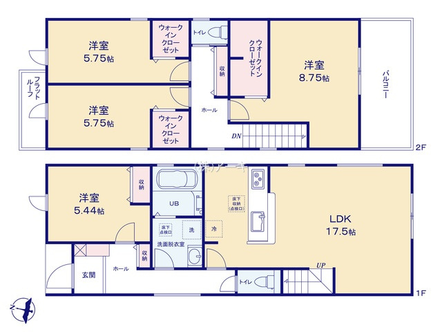 刈谷市今川町山ノ端115番1『仲介手数料無料』新築戸建ての間取り|　3号棟　1F:LDK17.5帖！リビングイン階段♪洋室5.44帖　CL設置♪ホール収納♪2F:主寝室8.75帖・洋室5.75帖・洋室5.75帖　WIC設置♪ホール収納♪南面バルコニー♪