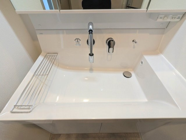 ONE ROOF RESIDENCE台東根岸の設備|トイレと独立した三面鏡・ハンドシャワー付洗面台、洗面台向かいの洗面室に室内洗濯機置場あります