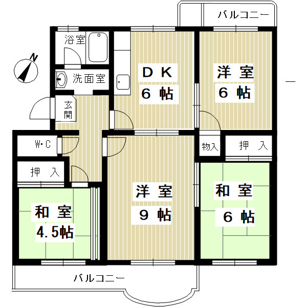 横尾１団地68号棟の間取り|専有面積：71.5㎡（壁芯）／４DK　南東向きです