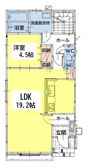 【間取り】 | デザイナーズ下富野3丁目新築戸建1期 | カウンターキッチン仕様なので家族との会話もおのずと増えそう♪大きなウォークインクローゼットが付いているのでお部屋もすっきり整理できそう♪
