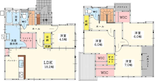 【間取り】 | 小倉北区高坊2丁目1期 | カウンターキッチン仕様なので家族との会話もおのずと増えそう♪大きなウォークインクローゼットが付いているのでお部屋もすっきり整理できそう♪