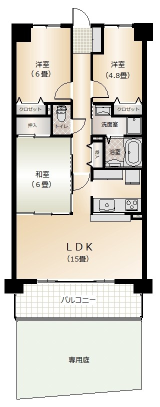 ライオンズマンション上中野の間取り|間取りは3LDKです。
専用庭があるのでお子様の水遊びや家庭菜園もできますね。