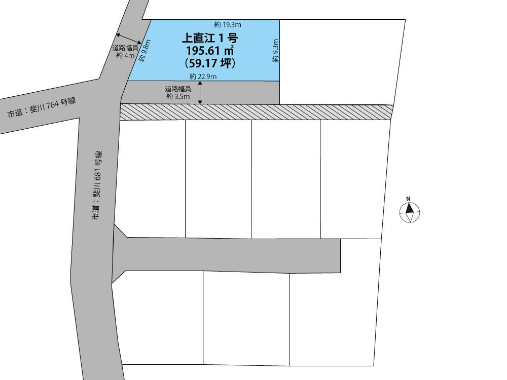 斐川町上直江　新築戸建て　平屋建て　令和7年9月完成予定の区画図|新しい9区画の分譲地です。9号線につながる前面道路は拡幅されて便利になりました