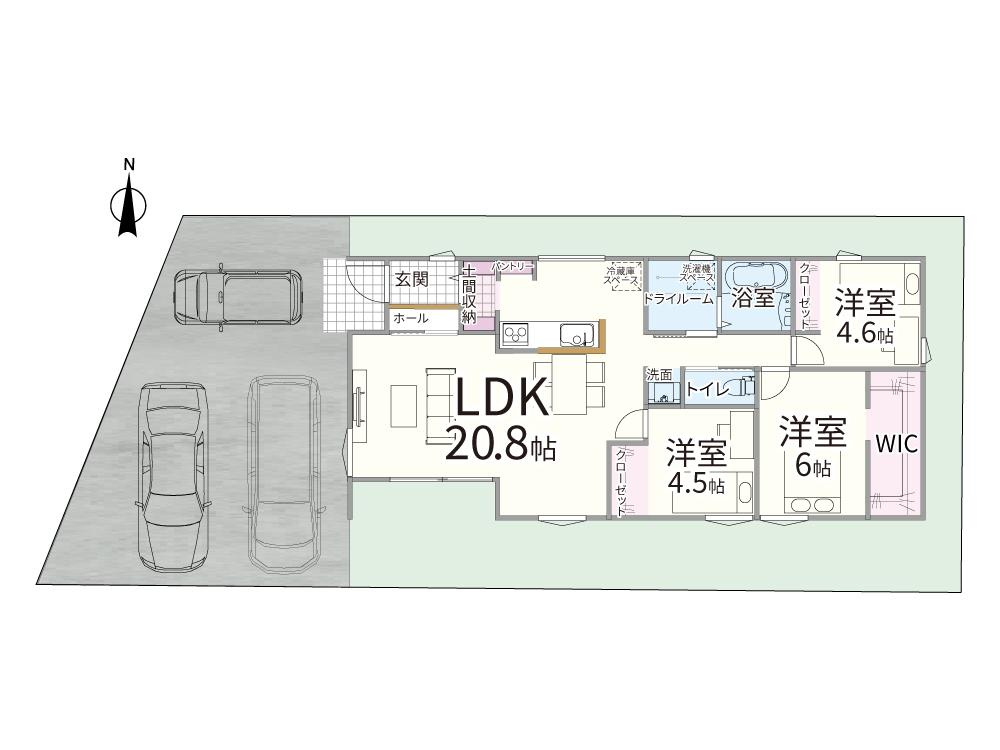斐川町上直江　新築戸建て　平屋建て　令和7年9月完成予定の区画図|2740万円、3LDK、土地面積195.61m2、建物面積84.88m2 床面積　84.88m2
LDK（20.8帖）、水まわり、収納、玄関、洋室（6帖）+WIC、収納付き洋室（4.6帖、4.5帖）