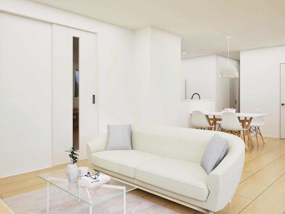 斐川町上直江　新築戸建て　平屋建て　令和7年9月完成予定の居間・リビング|水回りや居室スペースはリビングやゲストから見えにくく、生活感を感じさせずに過ごせます