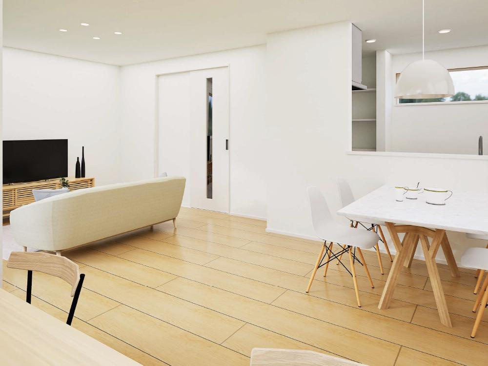 斐川町上直江　新築戸建て　平屋建て　令和7年9月完成予定の居間・リビング|LDKの一角にはリビング学習のデスクやピアノも置けるスタディスペースを設けました