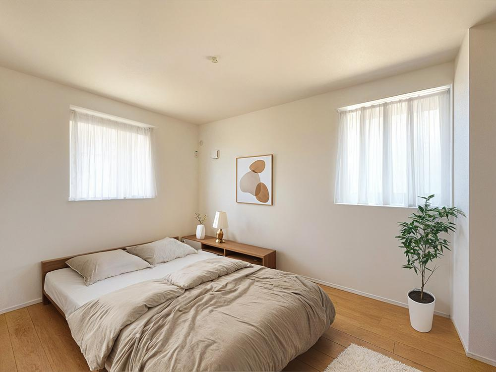 斐川町上直江　新築戸建て　平屋建て　令和7年9月完成予定の寝室|洋室（6帖）＋WIC
ベッドのほかに、デスクやドレッサーも配置可能なWIC付きの居室です