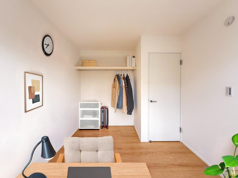 斐川町上直江　新築戸建て　平屋建て　令和7年9月完成予定の洋室|収納付き洋室（4.6帖、4.5帖）
デスクやベッドが配置しやすいオープン収納のお部屋です