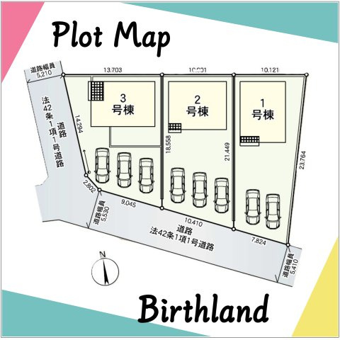 新築戸建・建売　深谷市武蔵野　CRADLE GARDEN　全3棟の区画図|＜1号棟＞カースペース並列2台　※敷地内に電柱・支柱が入る場合があります。