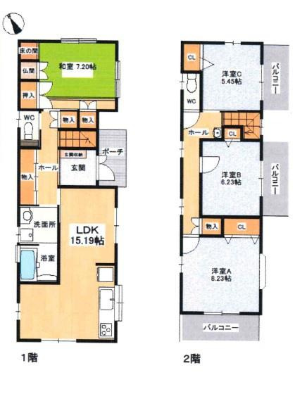 愛西市日置町の間取り|1階に15帖のLDKと堀こたつある和室、2階は各部屋に収納スペースとバルコニーがあります。