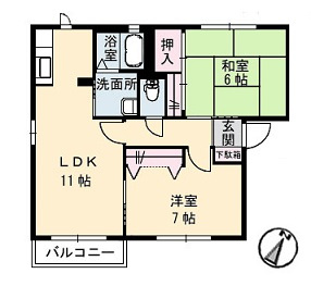 広島市安佐北区三入６丁目のアパートの間取り