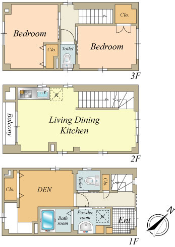 建物面積69.78㎡の2SLDK、1階DENにはワークスペース有り、3階南西側洋室に天窓あり