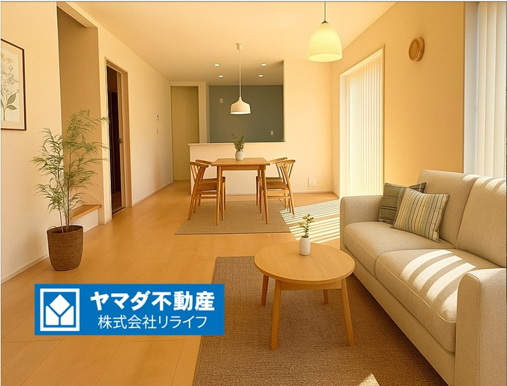 リーブルガーデン　羽島郡笠松町円城寺　全４区画分譲の居間・リビング|※リビング家具配置イメージ
明るい日差しをふんだんに取り込んだリビングダイニングは家族の笑顔につつまれた素敵な空間になります。