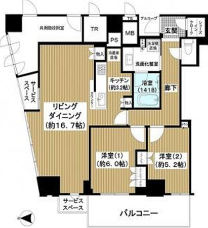 大阪市中央区高麗橋2丁目　２ＬＤＫファミリータイプ　オーナーチェンジ物件の間取り